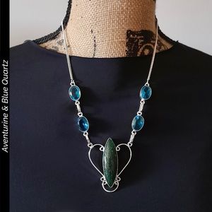 Nephrite Jade & Blue Topaz Gemstone Handmade BIB Statement Necklace